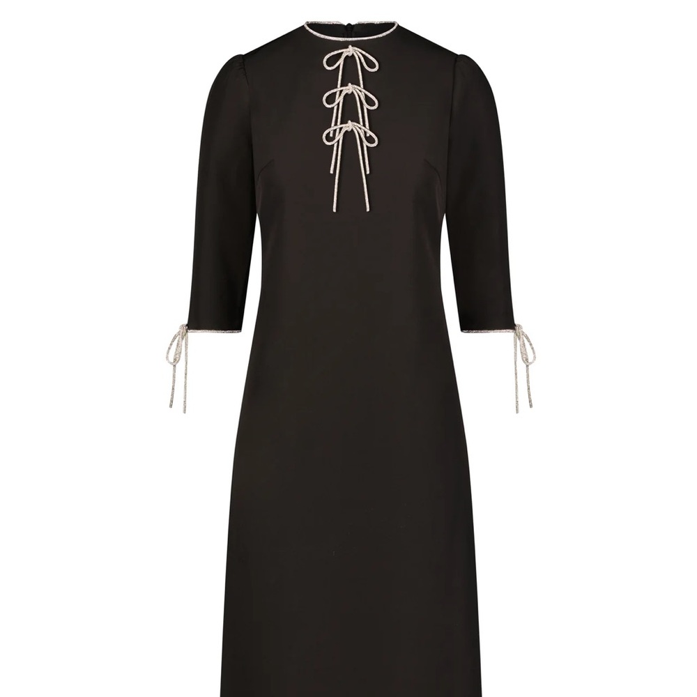 Modest Black Midi Dress with Bow Accents - Aleeza Paris